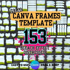 May include: A collection of 153 Canva frames with a bleach effect. The frames are distressed and have a variety of shapes and sizes. The frames are easy to use and can be dragged and dropped into any Canva design.