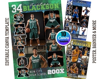Modello Canva per poster di giocatori di basket: collage di foto per la serata degli anziani, design sportivo modificabile, regalo di laurea