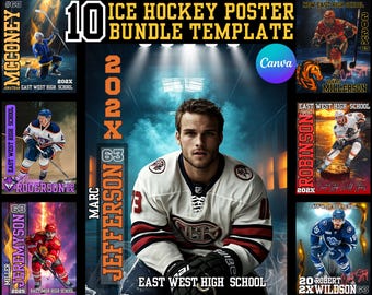 Könnte beinhalten: Ein Set mit 10 Eishockey-Poster-Vorlagen, die einen Spieler in einem weißen und roten Trikot mit dem Text "East West High School" und "202X" auf dem Poster zeigen. Die Poster sind für die Verwendung mit Canva konzipiert.