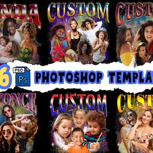 May include: A digital graphic design template featuring six different photo compositions. Each composition includes a group of people with the word "CUSTOM" in a stylized font. The text "6 PHOTOSHOP TEMPLATE" is also present.