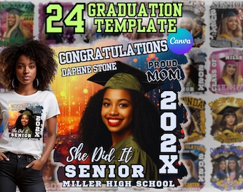 May include: A white t-shirt with a graduation-themed graphic featuring a young woman in a cap and gown. The design includes the text "She Did It SENIOR MILLER HIGH SCHOOL" and "CONGRATULATIONS DAPHNE STONE". The image also shows a variety of graduation templates.