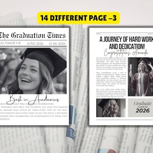 May include: Newspaper-style graduation announcement with the headline "The Graduation Times" and the text "Best in Academics." Features a smiling graduate in a cap and gown. Includes the text "A JOURNEY OF HARD WORK AND DEDICATION! Congratulations, Amanda."