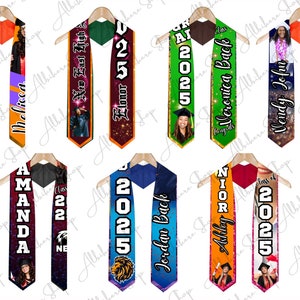 May include: Graduation stoles with various designs, including names, school names, and the year 2025. The stoles feature a variety of colors, photos, and graphics, perfect for celebrating graduation. Each stole is displayed on a wooden hanger.