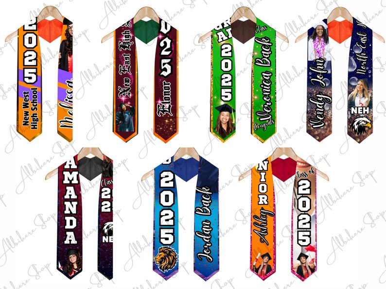 May include: Graduation stoles with various designs, including names, school names, and the year 2025. The stoles feature a variety of colors, photos, and graphics, perfect for celebrating graduation. Each stole is displayed on a wooden hanger.
