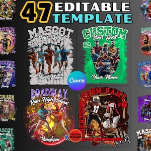 47 Football Mascot Shirt Canva Template, Custom Homecoming School Design, 90s T-Shirt Photo Collage PNG, Editable Football Shirt Sublimation