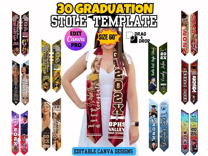 Class of 2026 Sash Graduation Stole Templates Editable Senior Grad ...