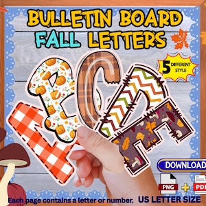 May include: A hand holding colorful fall-themed bulletin board letters. The letters are decorated with pumpkins, plaid, and fall leaves. The image includes the text "BULLETIN BOARD FALL LETTERS" and "5 DIFFERENT STYLE". The letters are US Letter size.