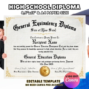 Editable GED Diploma Certificate Template, High School Diploma Template, Graduation Diploma Design, Diploma With Golden Seal Diploma Replica