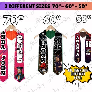 May include: Graduation stoles in three sizes: 70", 60", and 50". Each stole features personalized text and graphics, including names, school names, and graduation years. The stoles are displayed on wooden hangers.