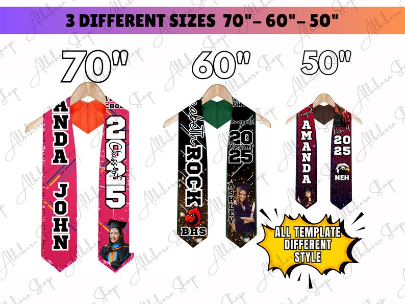 May include: Graduation stoles in three sizes: 70", 60", and 50". Each stole features personalized text and graphics, including names, school names, and graduation years. The stoles are displayed on wooden hangers.