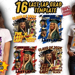 以下が含まれることがあります： レースをテーマにした、カスタマイズ可能な卒業Tシャツのデザイン16点セット。デザインには、「ラストラップ」と「クラスオブ202X」のテキストと、市松模様の背景が含まれています。デザインは8色と2つのスタイルからお選びいただけます。