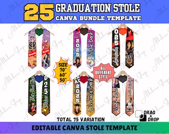 May include: A set of 25 customizable graduation stole templates for Canva. The stoles are in various colors and designs, with options for adding a photo, name, and graduation year. The stoles are available in three sizes: 70 inches, 60 inches, and 50 inches.