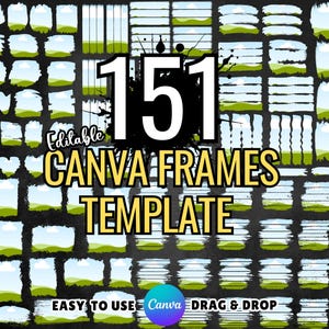 Puede incluir: Una ilustración digital de 151 marcos de Canva en una plantilla. Los marcos son de varios estilos, incluyendo pinceladas, rayas y formas geométricas. El texto "Plantilla de marcos de Canva editables" está en amarillo y negro. El texto "Fácil de usar Canva Arrastrar y soltar" está en blanco y negro.