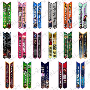 May include: A collection of graduation banners with various names, school names, and the year 2025. The banners feature photos of graduates and are in various colors, including red, green, blue, and pink. The banners are vertical and have a ribbon-like design.