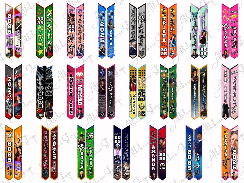 May include: A collection of graduation banners with various names, school names, and the year 2025. The banners feature photos of graduates and are in various colors, including red, green, blue, and pink. The banners are vertical and have a ribbon-like design.