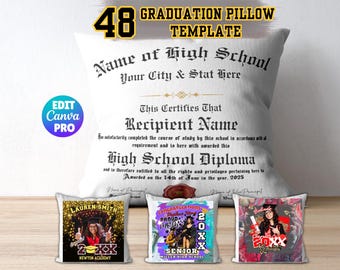 Puede incluir: Un conjunto de tres fundas de cojín de graduación con diferentes diseños. La primera funda de cojín presenta un diploma de escuela secundaria en blanco y negro con el texto "High School Diploma". La segunda funda de cojín presenta un diseño colorido con el texto "Congratulations Proud 20XX Senior". La tercera funda de cojín presenta un diseño colorido con el texto "Belinda 20XX".