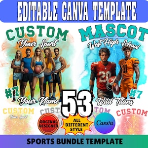 53 Football Mascot Shirt Canva Template, Custom Homecoming School Design, 90s T-Shirt Photo Collage PNG, Editable Football Shirt Sublimation