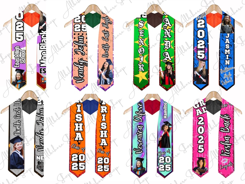 May include: A collection of graduation stoles with personalized designs. Each stole features a student's photo, name, school, and the year 2025. Colors include orange, green, blue, and pink, with various fonts and graphics.