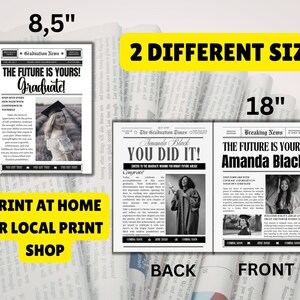 May include: Newspaper-style graduation announcements in two sizes: 8.5" x 11" and 18" x 24". The headlines read "THE FUTURE IS YOURS! Graduate!" and "YOU DID IT! Amanda Black." The announcements are black and white.