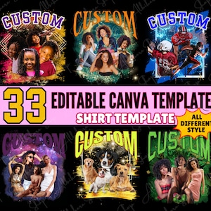 Pode incluir: Um conjunto de 33 modelos de Canva editáveis para camisetas. Os modelos apresentam diferentes estilos, incluindo um grupo de pessoas, um grupo de cães e um jogador de futebol americano. O texto "CUSTOM" aparece em cada modelo.