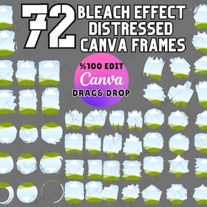 Könnte beinhalten: 72 Canva-Rahmen mit einem abgenutzten Bleich-Effekt. Die Rahmen zeigen einen blauen Himmel, weiße Wolken und grünes Gras. Der Text "100% Edit Canva Drag & Drop" befindet sich in einem rosa und violetten Kreis.