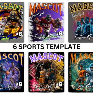 May include: Six different sports sublimation designs featuring a player in each sport. The designs are in a colorful, abstract style with the word "MASCOT" at the top of each design. The text "Custom Sport" and "Custom Name" are also included in each design.