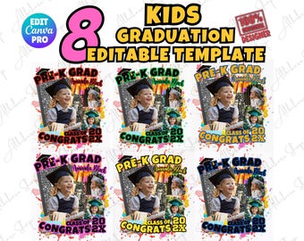 May include: An editable graduation template for children, featuring a photo of a child in a graduation cap. The design includes the text "PRE-K GRAD", "CLASS OF 20", and "CONGRATS 2X". The template is available in multiple colour variations.