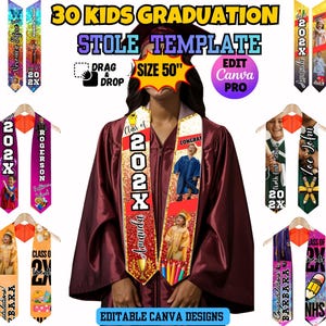 May include: A graduation stole template with the text "30 Kids Graduation Stole Template" and "Size 50". The stole is red, gold, and white, with the text "Class of 202X" and a photo. Other stoles are displayed with photos and names.