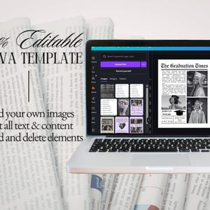 May include: A laptop displaying a Canva template for a graduation announcement. The screen shows a newspaper-style design with photos and text. The text on the screen reads "The Graduation Times." The laptop is on a background of rolled-up newspapers. Text on the image says "100% Editable Canva Template."