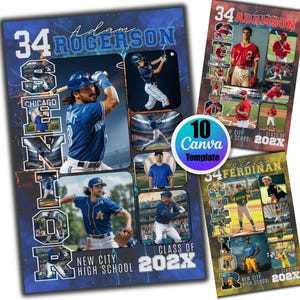Puede incluir: Plantillas de Canva con temática de béisbol que presentan fotos de jugadores, colores del equipo y texto. Los diseños incluyen el texto "SENIOR" y "CLASS OF 202X", con los nombres "Adam Rogerson", "Adamson" y "Ferdinan". Plantillas para carteles y pancartas.