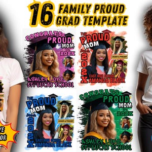 May include: A digital design template for a graduation t-shirt. The design features a black and white photo of a graduate wearing a cap and gown, with the text "Congrats Proud Mom 202X" and "Ashley Luke St. Lucas School".