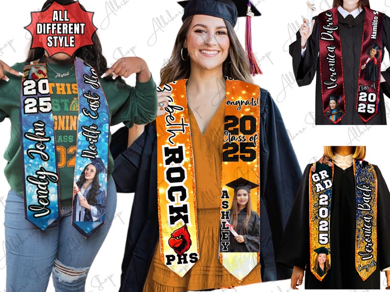 May include: Graduation stoles with personalized text and photos. The stoles feature names, school names, and the year 2025. Designs include orange, blue, and black backgrounds with various fonts and graphics. The stoles are worn by graduates.