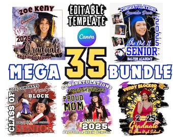 May include: A digital graphic design bundle of 35 editable templates for graduation announcements. The templates feature various designs with different colors, backgrounds, and text. The text includes "Class of 2025", "Graduate", "Congratulations", and "Senior".