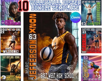 May include: A set of 10 volleyball poster templates featuring different players in action. The posters are designed with a black and orange background and include the text "East West High School" and "202X".