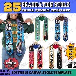 2025 Graduation Stole Template 25 Canva Bundle, Grad Stole Editable Canva Custom Stole Graduation Design 70&quot; Stole SVG 60&quot; Stole 50 Grad PNG