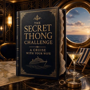 以下が含まれることがあります： THE SECRET THONG CHALLENGE A CRUISE WITH YOUR WIFEというタイトルの濃紺のハードカバー本。表紙には金色の文字とクルーズ船のイラストが描かれています。本には金色の装飾的なコーナーアクセントと、端に白いレースのトリムがあしらわれています。