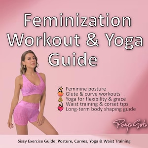 Op de afbeelding: Een roze gids getiteld "Feminization Workout & Yoga Guide" met een vrouw in bijpassende roze trainingskleding. De gids bevat onderwerpen als houding, bilspiertrainingen, yoga, tailletraining en lichaamsvorming.