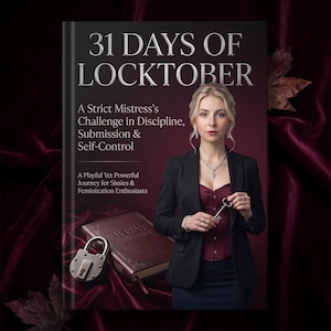 Może przedstawiać: Książka zatytułowana 31 Days of Locktober z okładką przedstawiającą osobę w czarnej marynarce i bordowym gorsecie trzymającą srebrny klucz. Na okładce znajduje się również brązowa książka i srebrna kłódka oraz tekst dotyczący dyscypliny i uległości.