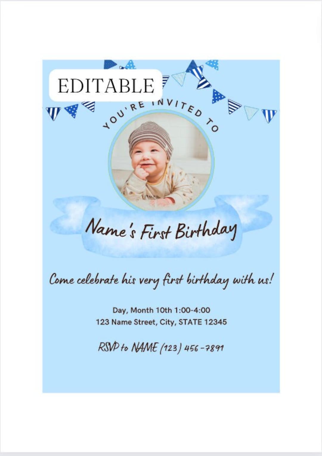 Baby Boys First Birthday Card Blue With Picture Template Etsy