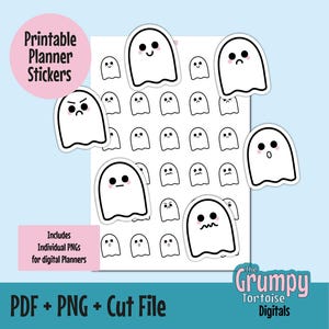 Puede incluir: Una hoja de pegatinas de fantasmas blancos con diversas expresiones faciales. Las pegatinas están delineadas en negro y tienen mejillas rosadas. El texto "Printable Planner Stickers" está en un círculo rosa. El texto "PDF + PNG + Cut File" está en la parte inferior.