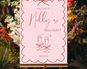 Pink & Red Bow Personalised Hen Party Welcome Sign | Custom Bachelorette Poster | Hen Do Custom Poster