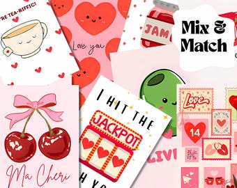 Juego de 4, 6 u 8 postales A6 para San Valentín, combinables y bonitas, con notas estéticas y esloganes.