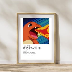 May include: A digital illustration of Charmander, a fire-type Pokemon, breathing fire. The image includes the Japanese text "ヒトカゲ" and the English text "CHARMANDER" along with the Pokemon's category, type, abilities, and weaknesses.