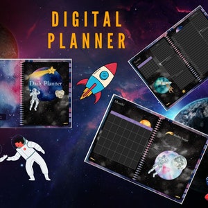 May include: A digital planner with a space theme. The cover features a watercolor galaxy background with a shooting star and an astronaut. The planner includes daily, weekly, and monthly pages.