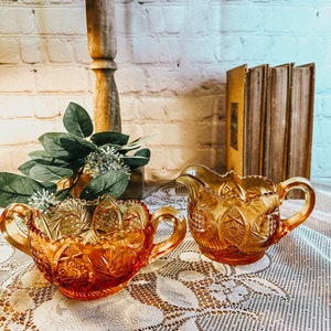 Vintage LE Smith Sugar & Creamer Marigold Aztec Sunburst Pattern
