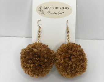 Handmade Tobacco Pom Dangle Earrings, Fall Fashion
