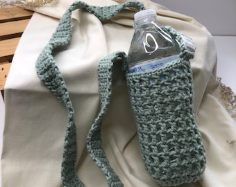 Handmade Cotton Crochet Water Bottle Bag, Spa Green Carrier