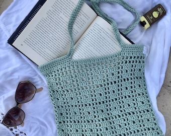 Handmade Crochet Beach Tote Bag, Spa Green Cotton Yarn