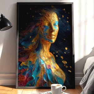Abstract Female Portrait Wall Art | Colorful Golden Woman Painting | Modern Digital Art Print | Feminine Energy Home Decor