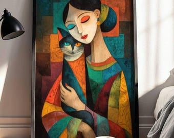 Abstract Woman and Cat Print: Colorful Boho Home Decor, Modern Wall Art (Digital Download)